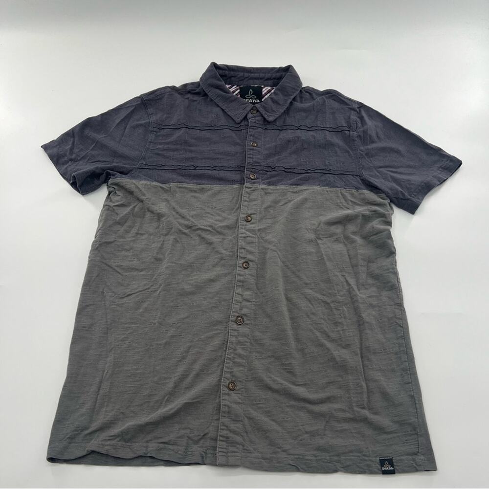Prana Keylen Shirt Men’s Polo Grey Blue Medium Colorblock Short Sleeve